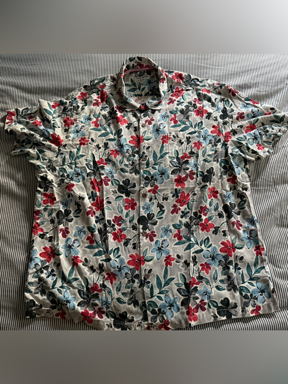 Tommy Bahama Gray Floral Button-Down Shirt with Red, Blue & Black Flowers